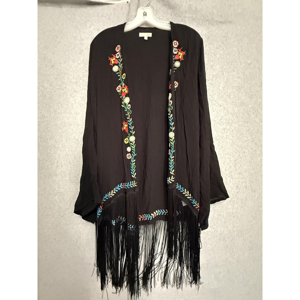 GB Kimono Jacket Womens Medium Black Embroidered Floral Fringe Open Front Boho